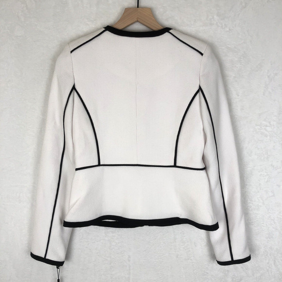 NWT TALBOTS Pique Jacket Sz 6P Petite White Black Piping Pockets Zip Career NEW - Picture 2 of 13